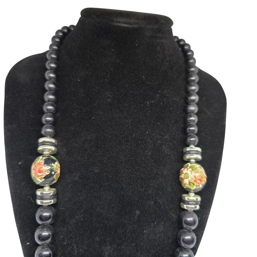 Vintage Black Beaded Cloisonné Floral Necklace Gold Tone Spacers Statement 24